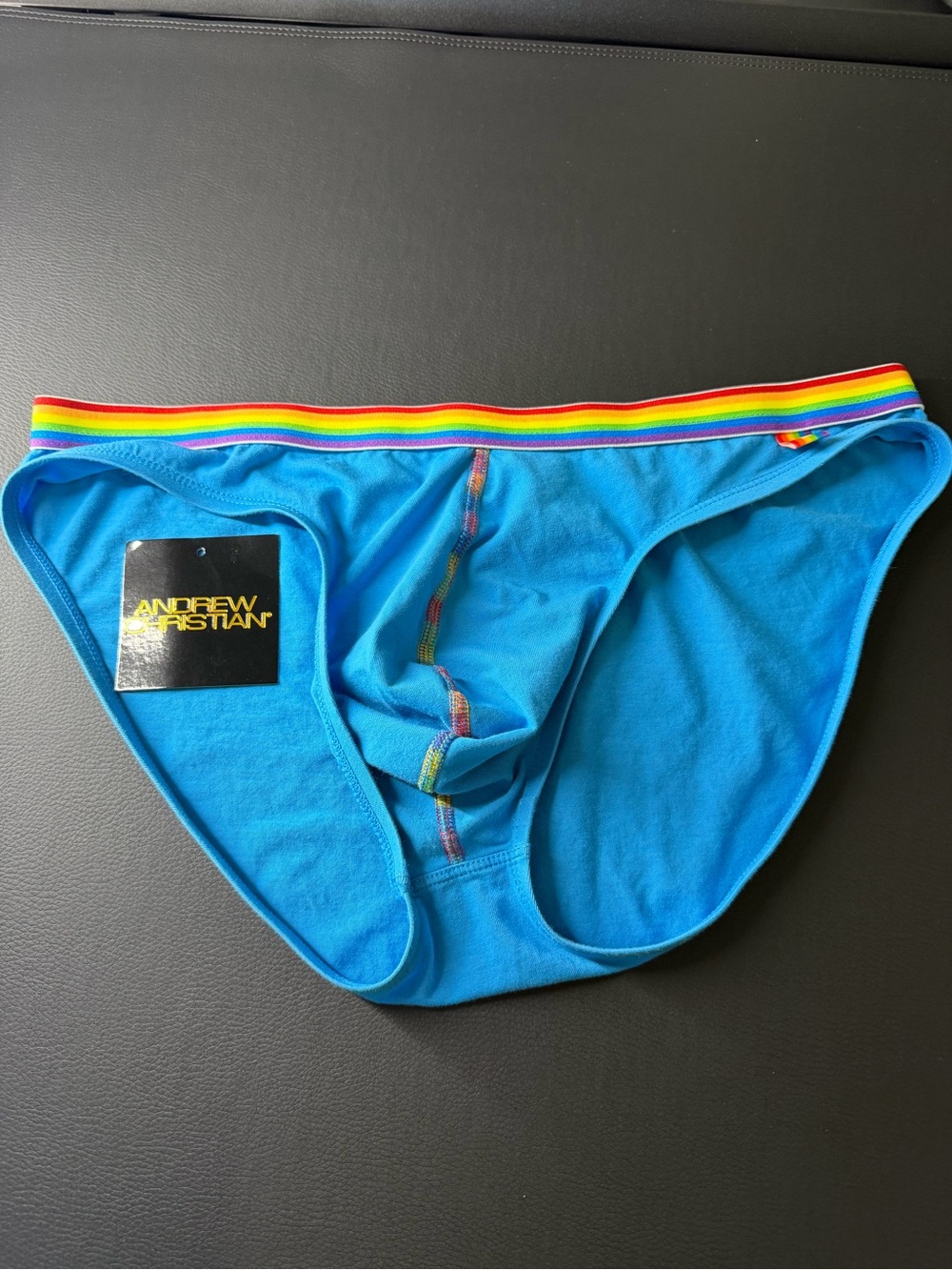 Andrew Christian Pride Briefs Large Blue with Rainbow Trim